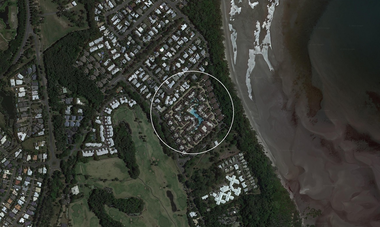 Satellite view of the Pullman Port Douglas Sea Temple Resort. White circle is the hotel.